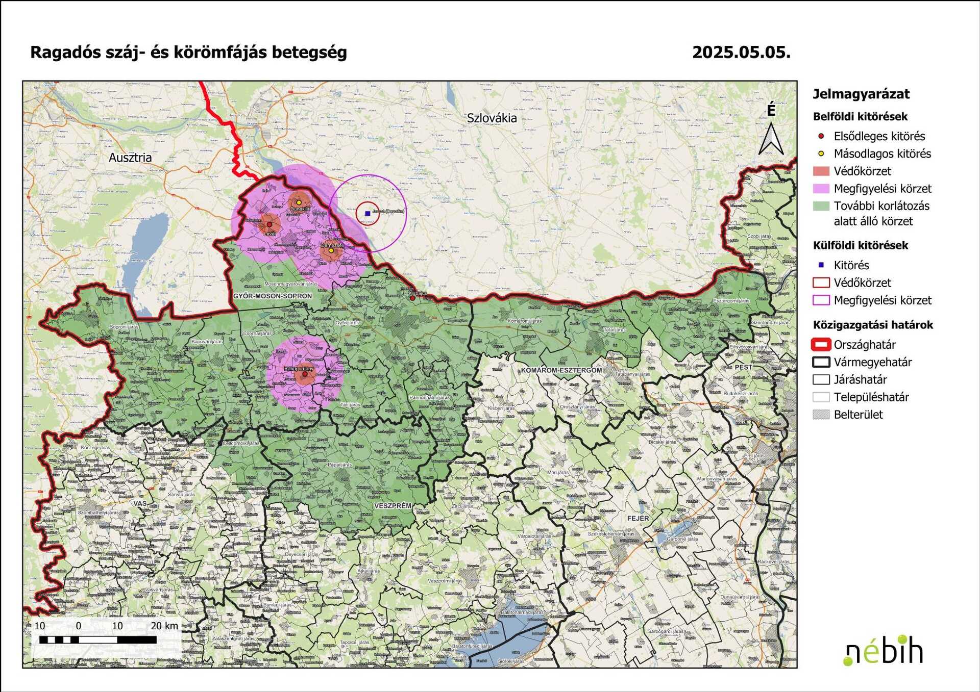 Rózsaszínnel a védő- és megfigyelési körzet, zölddel a további korlátozások alatt álló körzeteket jelölték a Nébih térképén.