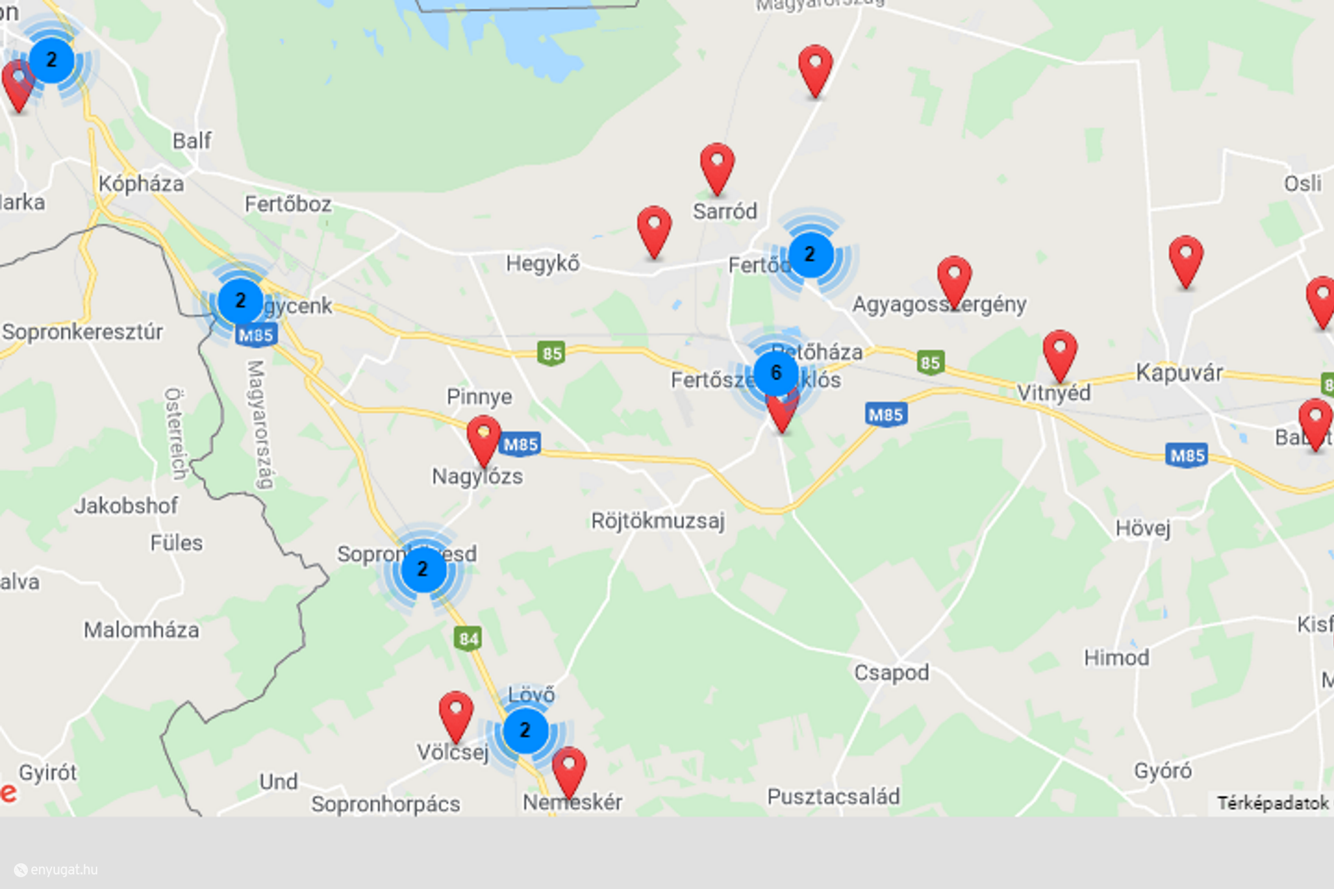 A térképrészlet a kihelyezett konténereket mutatja.