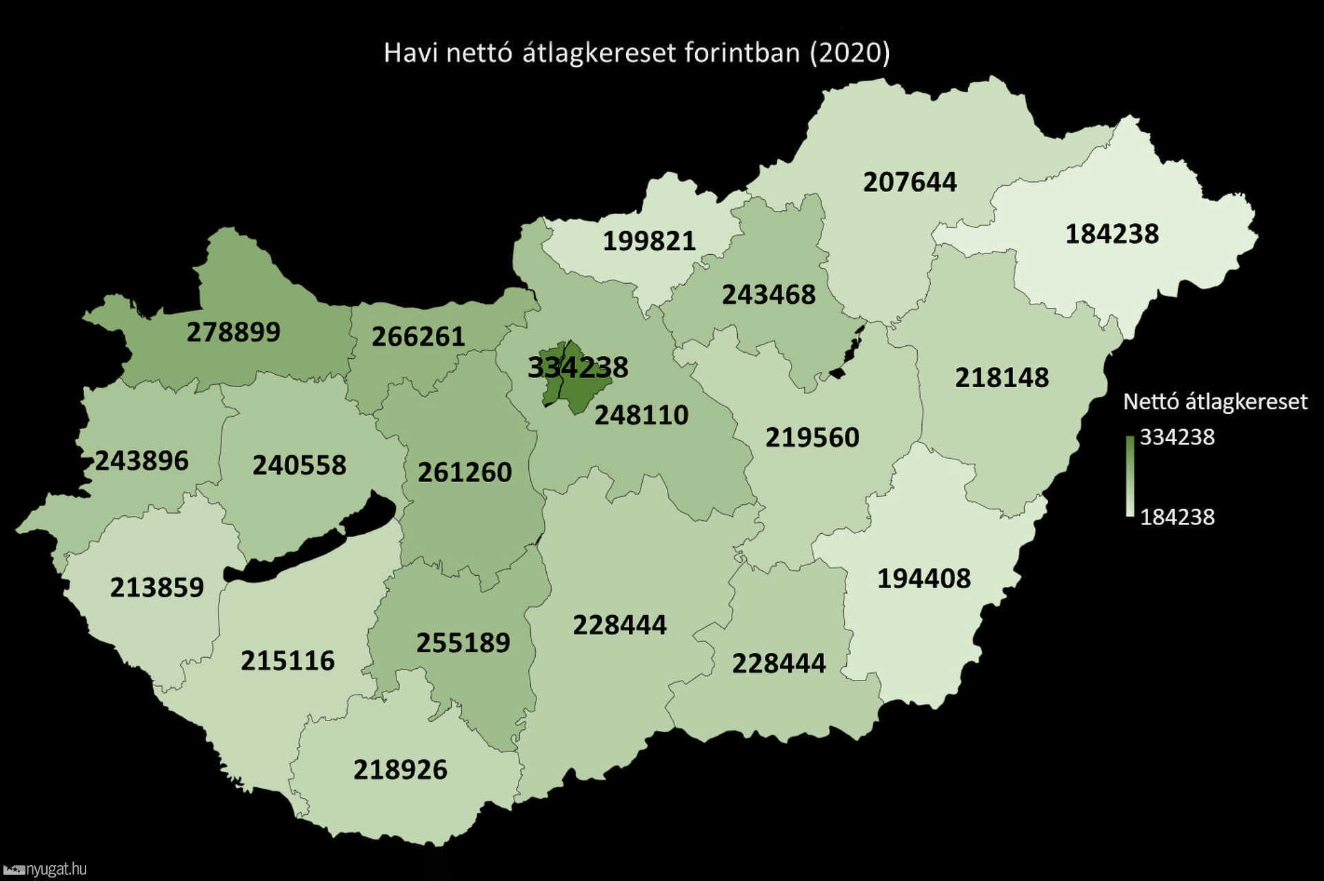 Nettó átlagfizetések megyékre bontva (2020) - Forrás: KSH