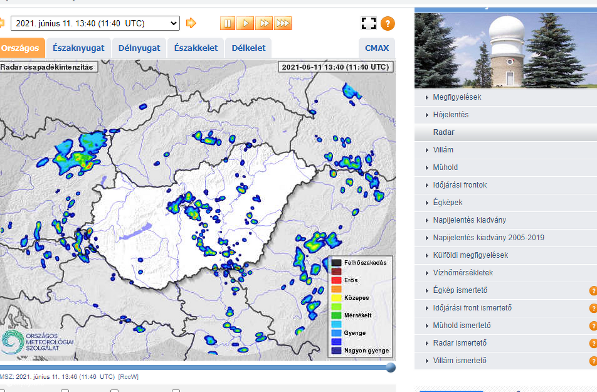 Az OMSZ radarfelvétele a péntek 13.40 órai állapotot mutatja.