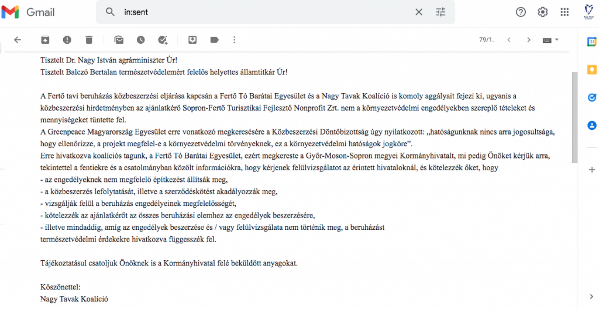 A Nagy Tavak Koalíció levele a miniszternek.