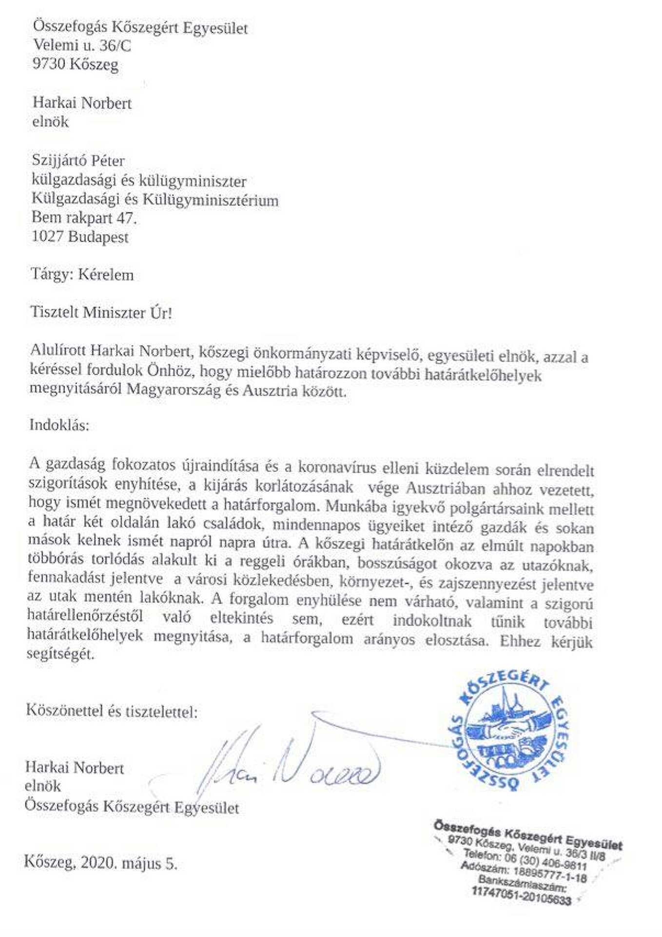 Az Összefogás Köszegéret Egyesület levele Szíjjártó Péternek 