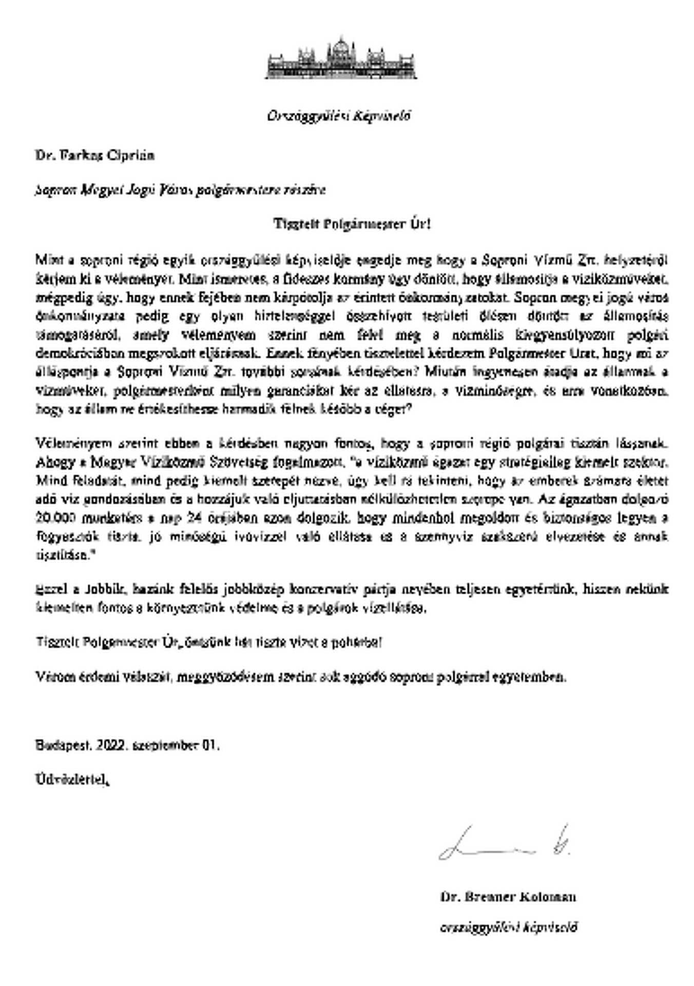 Brenner Koloman képviselő levele a polgármesterhez.