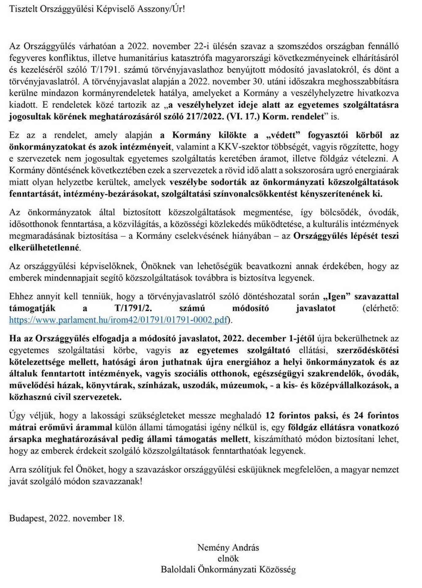 Nemény András nyílt levele az országgyűlési képviselőkhöz.