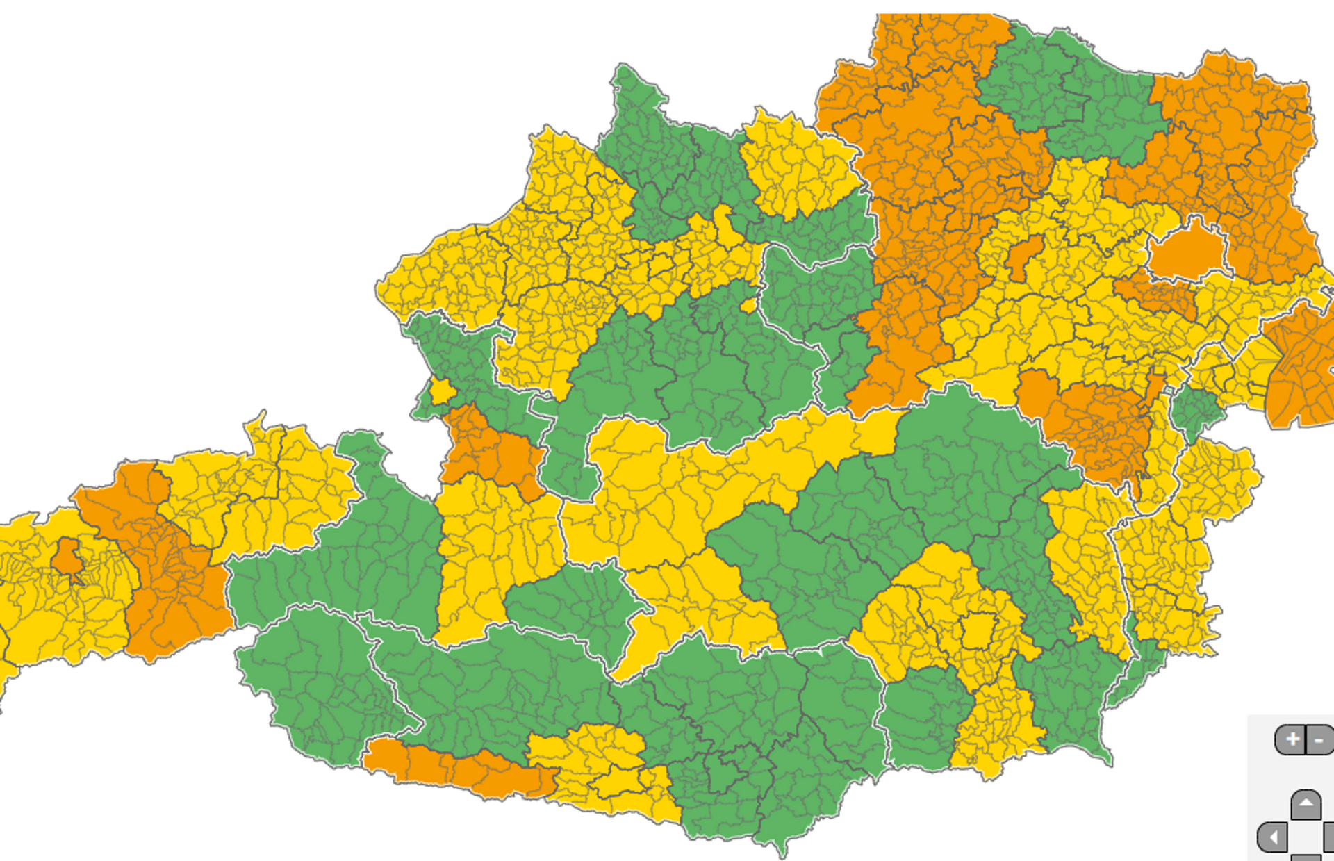 Ausztriai koronatérkép a 2020. október elsejei helyzetről.