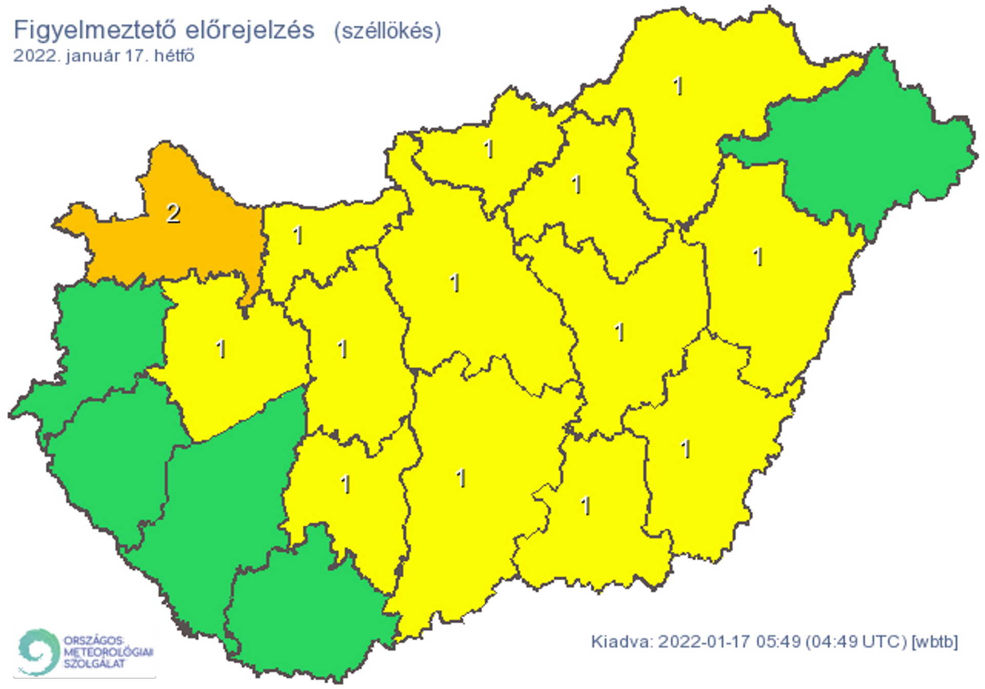 A 90 km/h-át is meghaladhatják a széllökések a megyében.